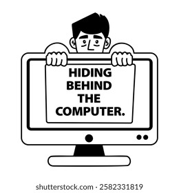 A glyph sticker of a character hiding behind the computer 