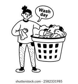 A glyph sticker of a character holding laundry basket with wash day typography 