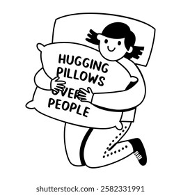 A glyph sticker of a character hugging pillow with sarcastic typography 