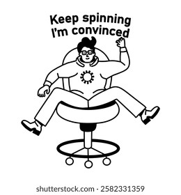 A glyph sticker of a character with keep spinning sarcastic typography 