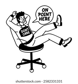 A glyph sticker of a character laying on chair with dont care typography 