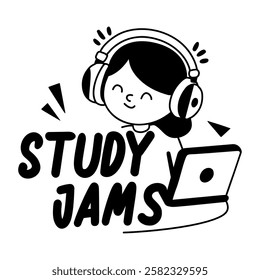 A glyph sticker of a character listening music with study jams typography 