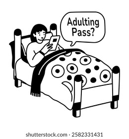 A glyph sticker of a character on a bed with adulting pass typography 