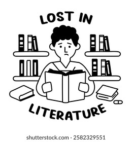 A glyph sticker of a character reading book with lost in literature typography 