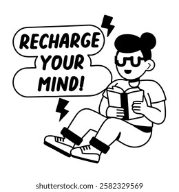 A glyph sticker of character reading book with recharge you mind typography 