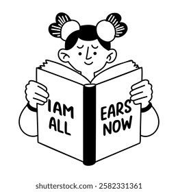 A glyph sticker of a character reading book with sarcastic typography 