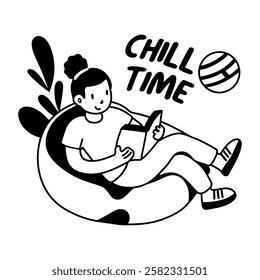 A glyph sticker of a character reading book with chill time typography 