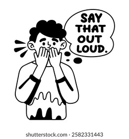 A glyph sticker of a character with say loud typography