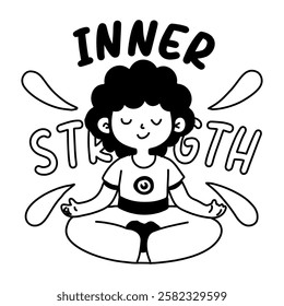 A glyph sticker of character sitting in a yoga pose with inner strength typography 