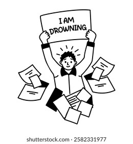 A glyph sticker of a character taking work stress with i am drowning typography 