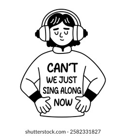 A glyph sticker of a character wearing headphone with sing along typography 