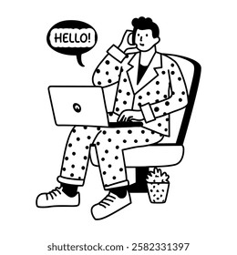 A glyph sticker of a character working on a laptop say hello on a mobile call 