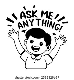 A glyph sticker of a confident character with ask me anything typography 