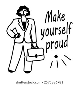 A glyph sticker of a confident girl in a red suit holding a briefcase, with the text make yourself proud