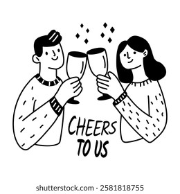 A glyph sticker of a couple toast glasses of wine with the text cheers to us 