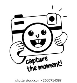 A glyph sticker of a cute camera character with the text "capture the moment!"

