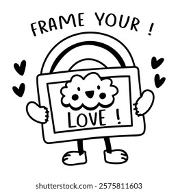 A glyph sticker of a cute frame character holding a picture of a smiling cloud with the text love