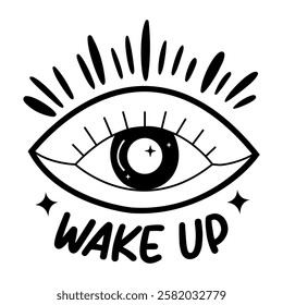 A glyph sticker of an eye with wake up typography
