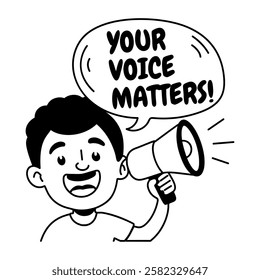 A glyph sticker featuring a character making an announcement with voice matter typography