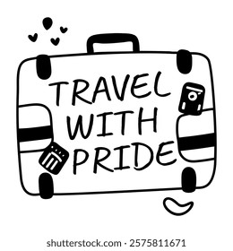 A glyph sticker featuring a suitcase with the text travel with pride 