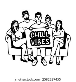 A glyph sticker of friends sitting on a sofa with chill vibes board 