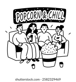 A glyph sticker of friends watching movies and eating popcorn 