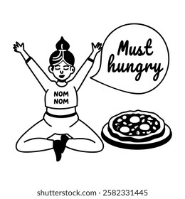 A glyph sticker of a girl with pizza and saying must hungry 