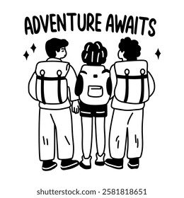 A glyph sticker of group of friends with adventure awaits typography 