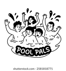 A glyph sticker of group of friends playing in water with pool pals typography 