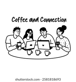A glyph sticker of a group of working friends enjoying coffee together
