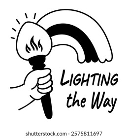 A glyph sticker of hand holding torch with rainbow and text lightening the way