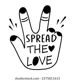 A glyph sticker of a hand making a peace sign with the text spread the love written on it