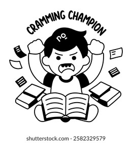 A glyph sticker of an intensive student with cramming champion typography 