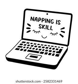 A glyph sticker of a laptop with napping skill typography 