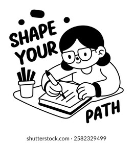 A glyph sticker of a learning character with shape your path typography 