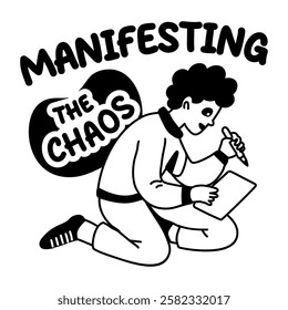 A glyph sticker of a man writing on a paper with manifesting typography 