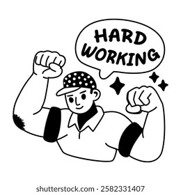 A glyph sticker of a muscle character with hardworking typography 