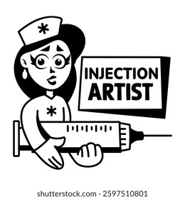 A glyph sticker of a nurse with injection artist typography 