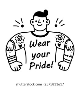 A glyph sticker of a person with colourful tattoos and a shirt that says wear your pride