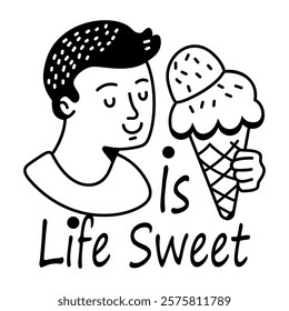 A glyph sticker of a person enjoying cone with text life is sweet