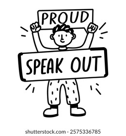 A glyph sticker of a person holding a sign that says speak out