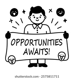 A glyph sticker of a person holding a sign that says opportunities awaits 