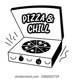 A glyph sticker of pizza with “pizza and chill” typography 
