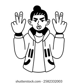 A glyph sticker of a posing character and making victory sign with hands 