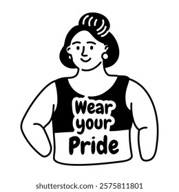 A glyph sticker of a proud girl wearing a crop top that says wear your pride