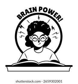 Una etiqueta engomada del glifo del carácter de la lectura con la tipografía del poder del cerebro 