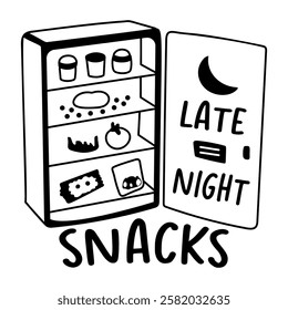 A glyph sticker of a refrigerator with “late night snacks” typography
