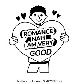 A glyph sticker of a romantic boy with i am very good typography 