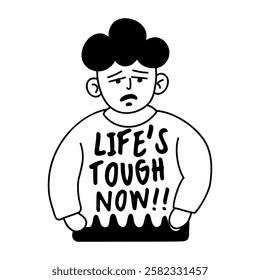 A glyph sticker of a sad character with life tough typography 