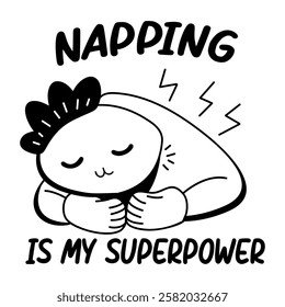 A glyph sticker of sleeping character with “napping is my superpower” typography
